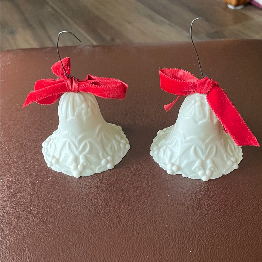 Pair of VTG Elegant White Bone China Bell Ornaments with Red Bows
